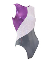 Sleeveless Gymnastics Leotard in purple sparkly white and grey
