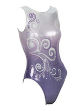 Sleeveless Gymnastics Leotard with colour fade from white to purple with white and purple swirl pattern