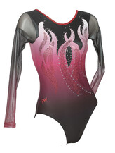 Long Sleeve Gymnastics Leotard with Silver sequin spiral flames with colour fade of Black and Red 