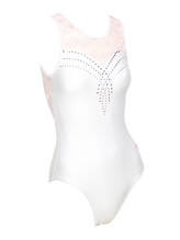 Sleeveless Gymnastics Leotard in white with silver curvy line pattern