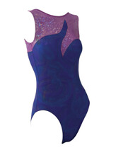 Sleeveless Gymnastics Leotard in sparkly purple and navy blue with wave pattern