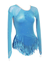 Rhythmic, Ice Skating or Roller blading Long Sleeve Leotard Dress in Turquoise with sleeves in Mesh and Silver sequin and details