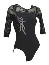 Long sleeve Gymnastics Leotard fully Black with a Silver sequin spiral on the right top side covered with lace on sleeves and upper neck