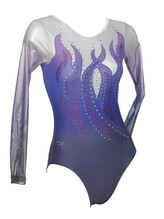 Long Sleeve Gymnastics Leotard with Silver sequin spiral flames and colour fade of Purple and Silver 