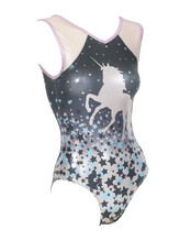 Sleeveless Gymnastics Leotard with stars and unicorn pattern in black, blue and pink