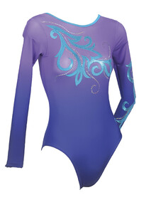 Long Sleeve Gymnastics Leotard with Sapphire Spiral on Chest with Silver sequin spiral around and on the bottom of left sleeve