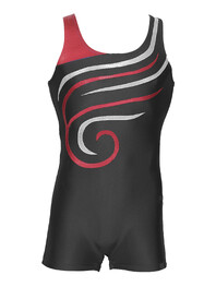 Men's and Boys Unitards Gymnastics in Royal Blue with the right shoulder strap in Red and a slight curl wind Koru in Red and White