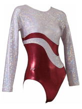 Long sleeve Gymnastics Leotard with Silver on sleeves and wrapped around neck and chest with a slight curve on leotard and the bottom half in Ruby Red