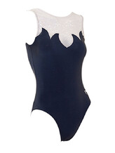 Sleeveless Gymnastics Leotard in white sparkles and black with flame pattern