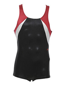 Men's and Boys Unitards Gymnastics in Black with the Shoulder straps in Red and sides in White