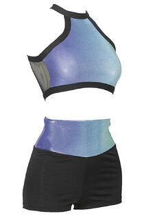 2 Piece Set Gymnastics Croptop round neck with Black outline and Aqua Breeze neck with the Hotpants waist in Aqua Breeze with Black 