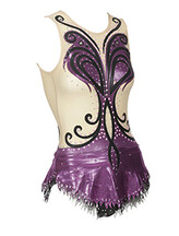 Rhythmic, Ice Skating or Roller blading Leotard Dress in Violet with curl swirls in Black and Cream background with Silver sequin and details