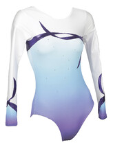 Long sleeve Gymnastics Leotard with White on sleeves and around neck with faded colours of blue and purple Indigo on bottom and curve drawn on top chest and sleeves Purple
