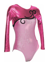 Long sleeve Gymnastics Leotard with Pink sleeves up to neck and bottom in Orchid and on the chest is a Black Curls