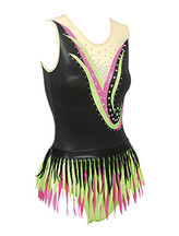 Rhythmic, Ice Skating or Roller blading  Sleeveless Leotard Dress in Black, Pink and Lime with Cream neck and with Silver sequin and details