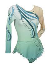 Rhythmic, Ice Skating or Roller blading Long Sleeve Leotard dress in Avocado with curls and silver sequin details with the left sleeve in Cream