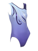 Sleeveless Gymnastics Leotard faded from white to purple with silver and purple swirl pattern