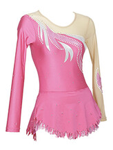Rhythmic, Ice Skating or Roller blading Long Sleeve Leotard dress in Pink with curls and silver sequin details with the left sleeve in Cream