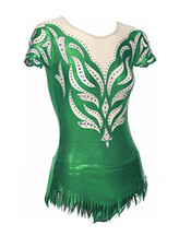 Rhythmic, Ice Skating or Roller blading Cap Sleeve Leotard dress in Green and Cream with a curl Eucalyptus and silver sequin and details