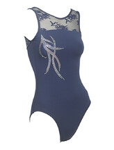 Sleeveless Gymnastics Leotard with lace top in navy blue with silver pattern