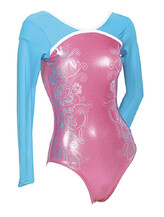 Long sleeve Gymnastics Leotard covered in Blue Sleeves outline with White around neck and chest with the bottom covered in Candy Pink and Flowers in White and bit of Blue drawn on both sides