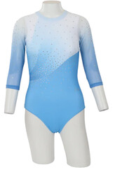 Long sleeve Gymnastics Leotard with Sleeves and neck in Yellow decorated with a White curl swirl and bottom half of leotard in Gunmetal