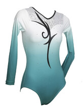 Long Sleeve Gymnastics Leotard with colour fade of Jade and White and a Black spiral in the front middle with Silver crystals covered around neck