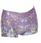 Gymnastics Hotpants with Unicorn sprinkles of Stars in Blue and Yellow with Purple background