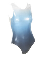 Sleeveless Gymnastics Leotard with colour fade from white to sky blue to dark blue with metallic fabric