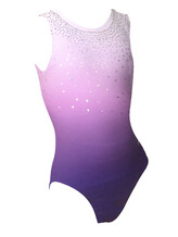 Sleeveless Gymnastics Leotard in white and purple with silver sequins pattern