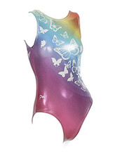 Sleeveless Gymnastics Leotard with butterfly pattern on front in rainbow and pink metallic fabric