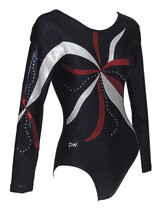 Long sleeve Gymnastics Leotard with Sleeves and neck in Yellow decorated with a White curl swirl and bottom half of leotard in Gunmetal
