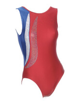 Sleeveless Gymnastics Leotard in blue and red with silver and white swirl pattern