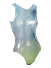 Sleeveless Gymnastics Leotard with mermaid pattern on front in lime green and blue metallic fabric
