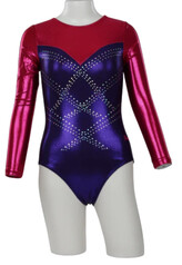 Long sleeve Gymnastics Leotard with Sleeves and neck in Yellow decorated with a White curl swirl and bottom half of leotard in Gunmetal