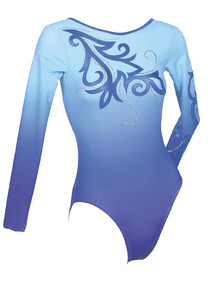 Long Sleeve Gymnastics Leotard with the colour fade of Aqua breeze and Sky Blue Spiral on Chest and Silver sequin spiral around and on the bottom of left sleeve