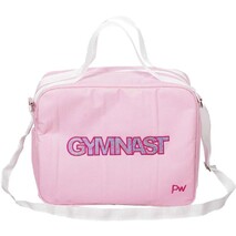 Gymnast Bag in Pink and White Strap and Handle with logo Embroidered in Silver outlined in Raspberry Pink
