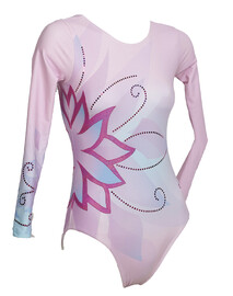 Long Sleeve Gymnastics Leotard with Silver sequin spiral and colour fade of blue and Pink