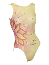 Sleeveless Gymnastics Leotard in Yellow with a flower in Mandarin on the right side of hip with a fade of pink and Silver sequin in details