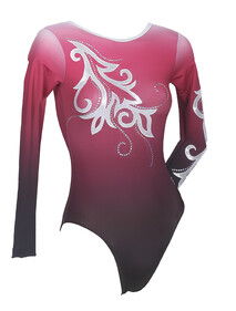Long Sleeve Gymnastics Leotard with colour faded with Raspberry/ Cherry and Black on leotard with Silver Spiral on Chest and Silver sequin spiral around and on the bottom of left sleeve