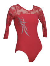 Long sleeve Gymnastics Leotard fully Rosebud Red with a Silver sequin spiral on the right top side covered with lace on sleeves and upper neck Red