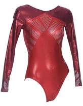 Long sleeve Gymnastics Leotard with Ruby red sleeves right to neck and bottom is Red with Silver diamond sequins designed