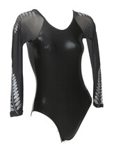 Long Sleeve Gymnastics Leotard with Silver ferns both on top shoulder and bottom sleeves and colour Black