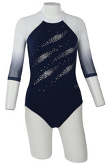 Long sleeve Gymnastics Leotard with Sleeves and neck in Yellow decorated with a White curl swirl and bottom half of leotard in Gunmetal