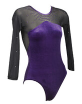 Long sleeve Gymnastics Leotard with Black sleeves and neck in Mesh and Purples Sequins presented on Neck and dots on sleeves with the bottom in full on Purple