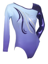 Long Sleeve Gymnastics Leotard with Blueberry and White spirals and Silver sequin spiral with colour fade of Sky Blue and Blueberry