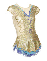 Sleeveless Rhythmic, Ice Skating or Roller blading Leotard dress with spirals and silver sequin details in gold sparkle