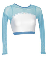 Long sleeve Croptop Singlet Gymnastics with Blue mesh sleeves and White Chest with Dark Blue outlined