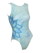 Sleeveless Gymnastics Leotard with flower pattern in mint green and blue with silver sequins spiral