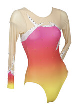 Long sleeve Gymnastics Leotard with coloured cream on sleeves and around neck with faded colours of Pink, Orange, and Yellow on Leotard in Bright and Curl curve with Silver sequin dots